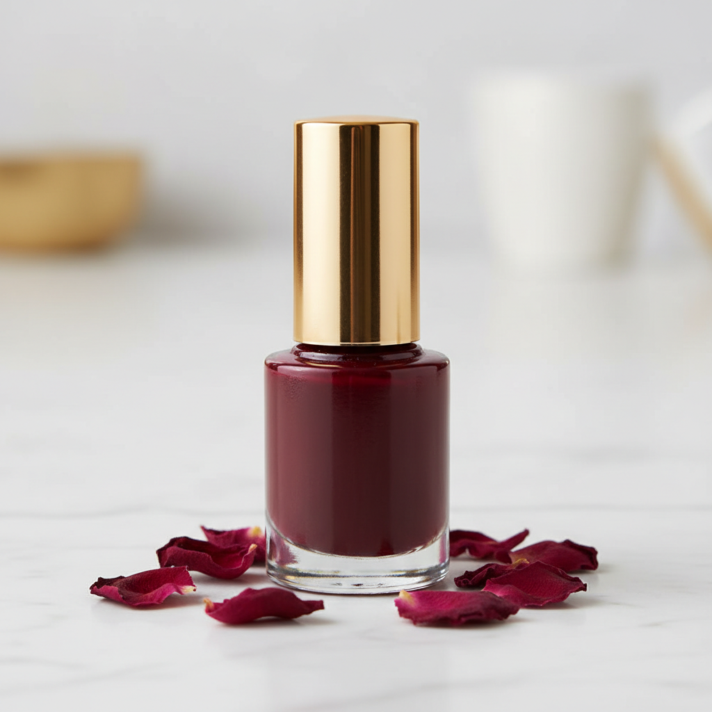 Burgundy red nail polish on marble with rose petals