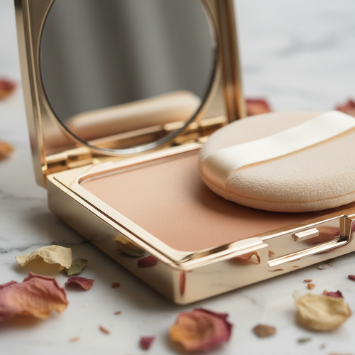 Gold Compact Pressed Powder — macro side view of gold hinge and compact frame detail