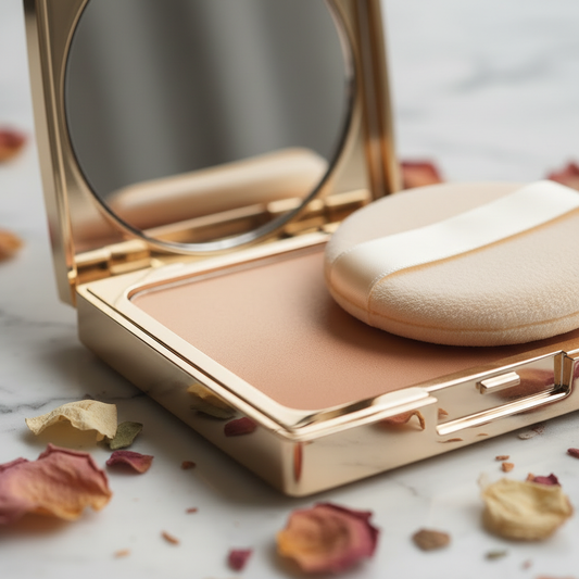 Gold Compact Pressed Powder — macro side view of gold hinge and compact frame detail