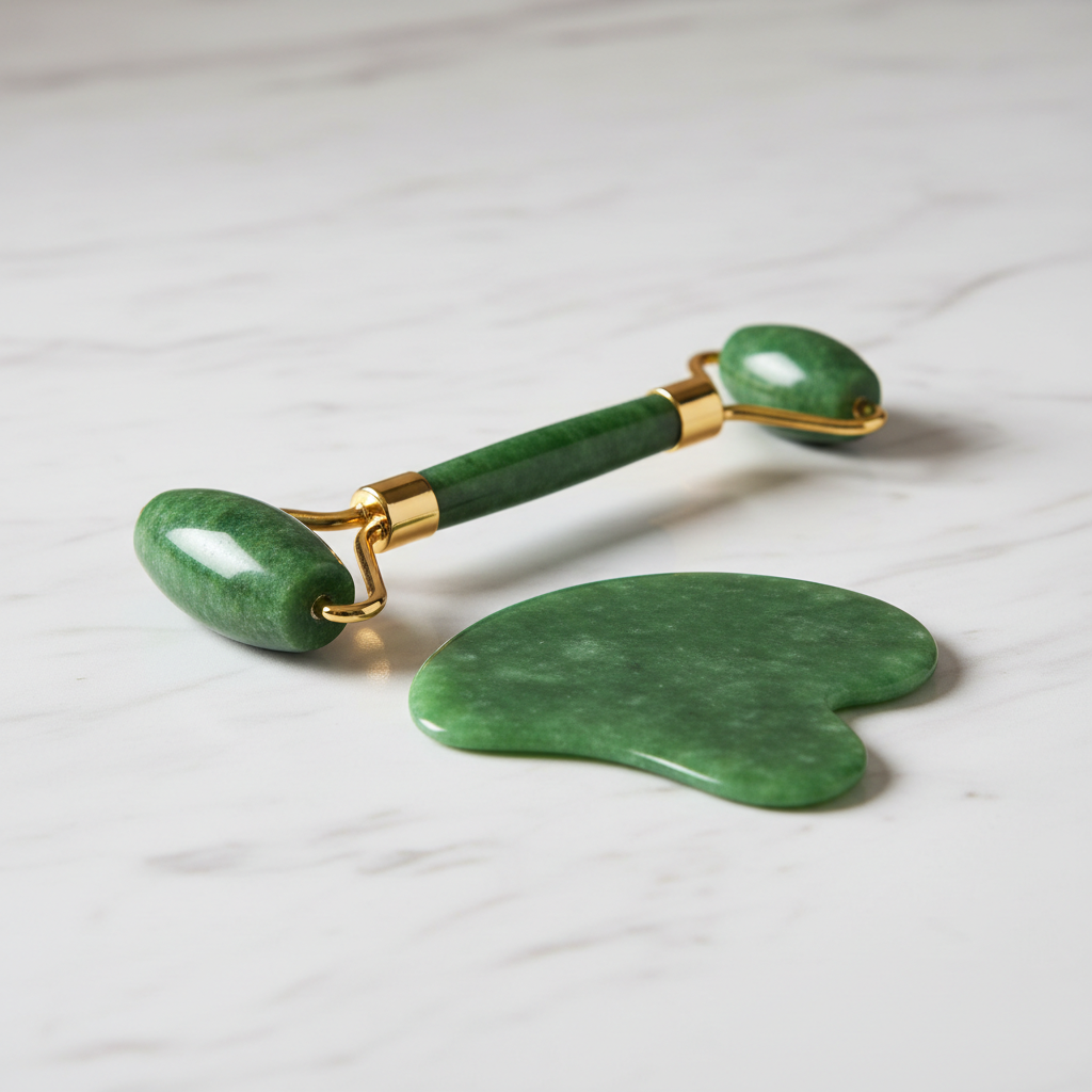 Green Jade roller and gua sha – marble close-up