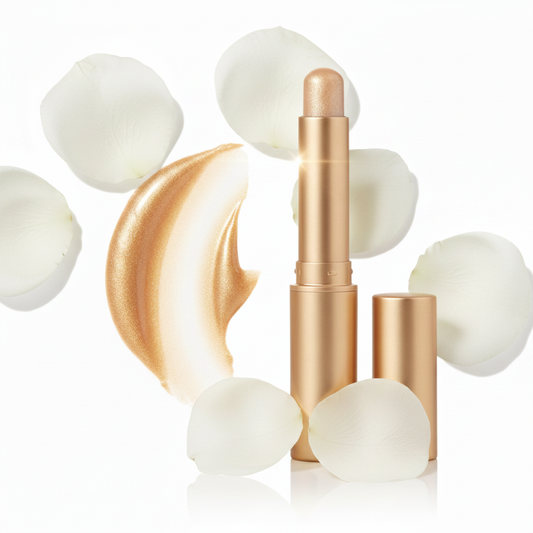 Champagne Gold highlighter stick with gold tube and shimmer swatch on white background