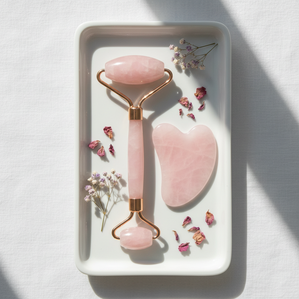 Flat lay overhead view – roller and gua sha on ceramic tray