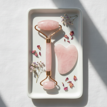 Flat lay overhead view – roller and gua sha on ceramic tray
