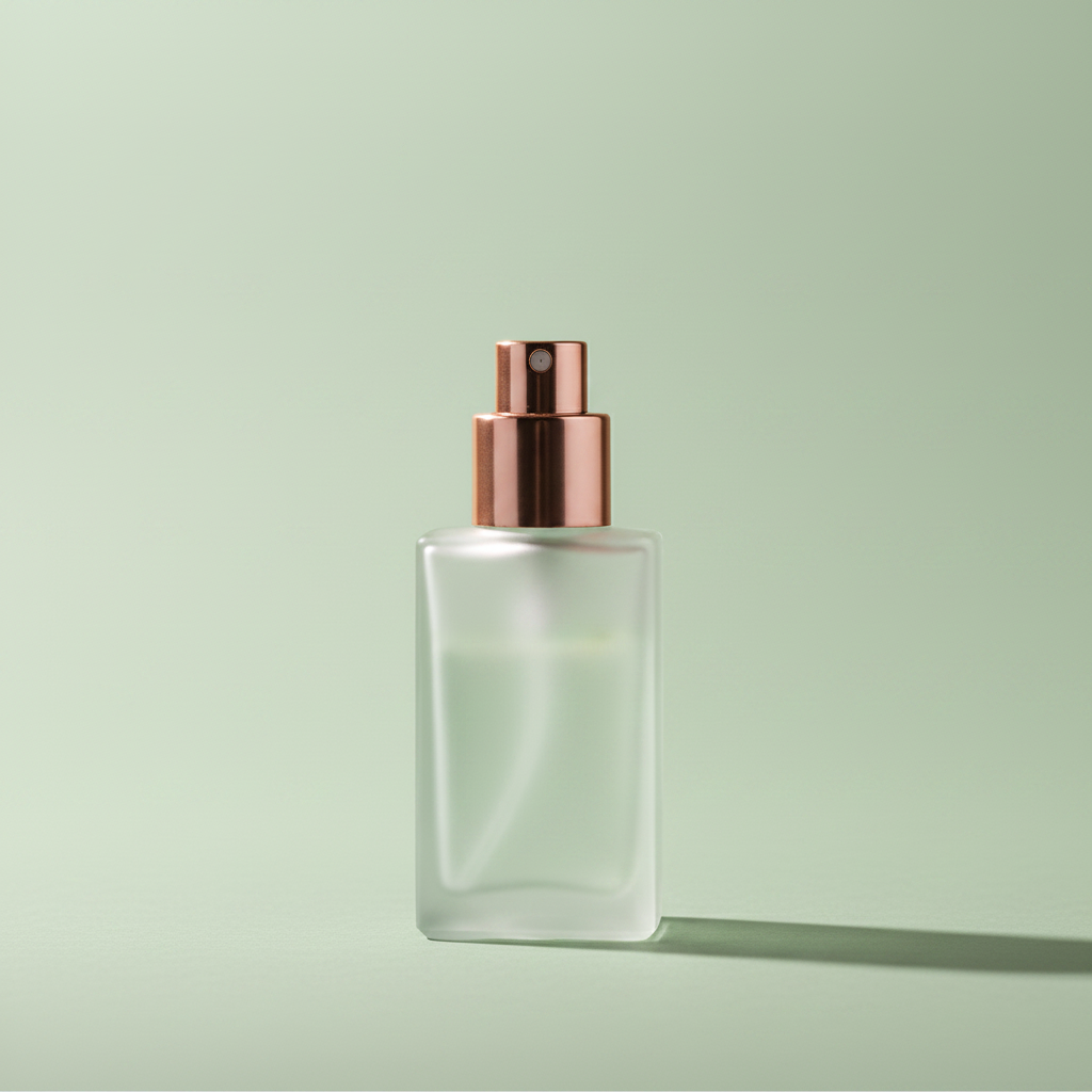 Sage Green setting spray in frosted glass bottle with rose gold nozzle on sage background