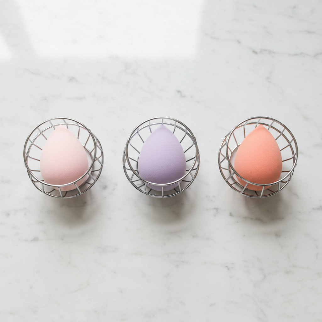 Three makeup sponges in pink, lavender and peach each in silver wire cage holders on white marble