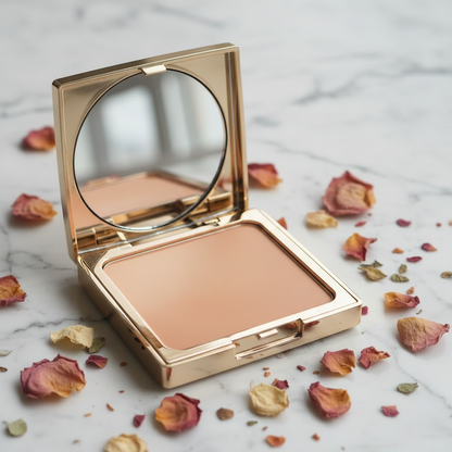 Gold Compact Pressed Powder — Honey Beige shade, open compact with puff on marble