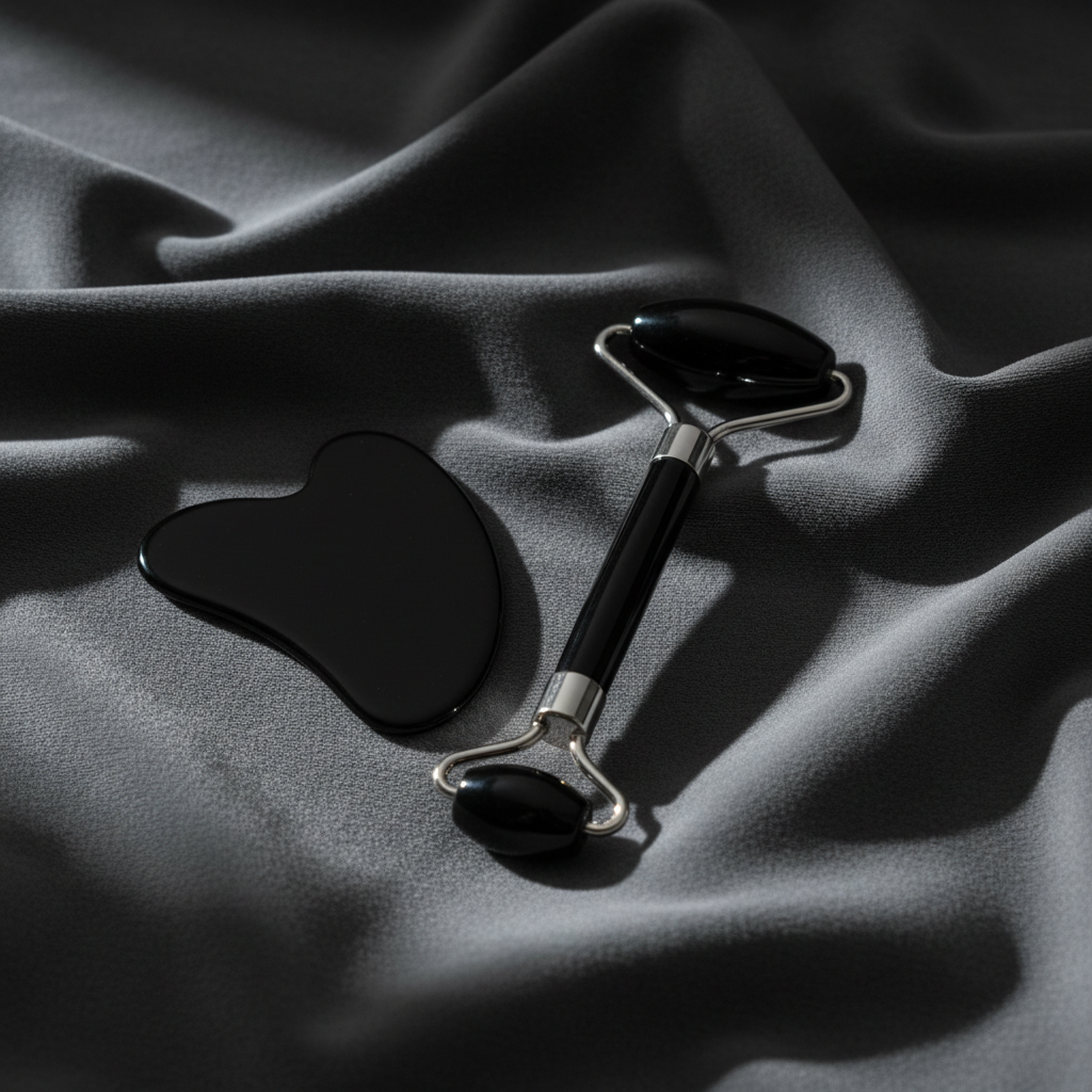 Black Obsidian roller and gua sha – velvet surface