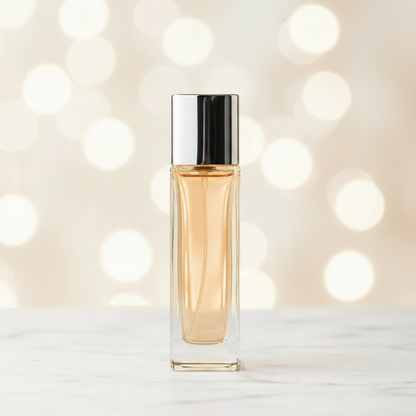 Crystal Slim Eau de Toilette — Amber Gold variant on marble with bokeh background
