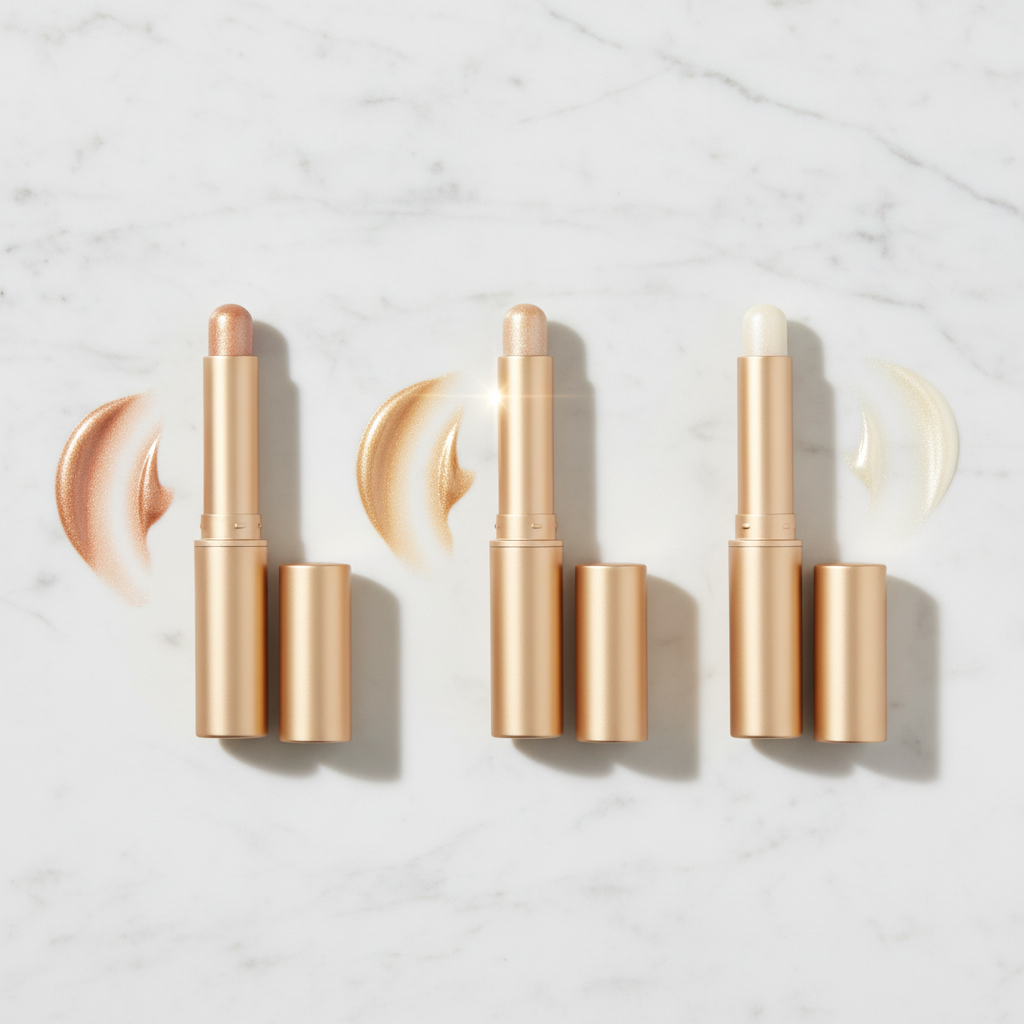 Three highlighter sticks in champagne gold, rose gold and pearl white on white marble