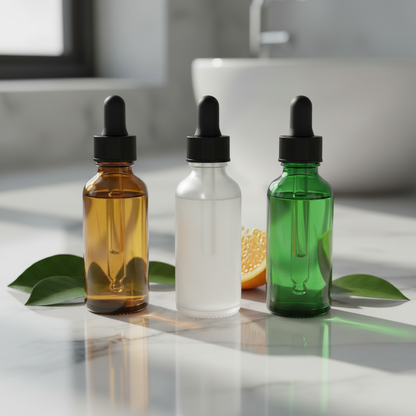 Three bottle colors lineup on marble