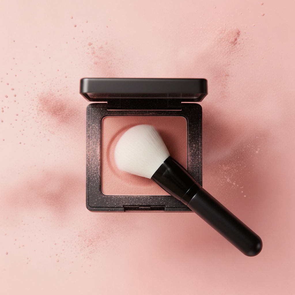 Petal Flush Blush - top-down view showing open compact with pink blush powder inside