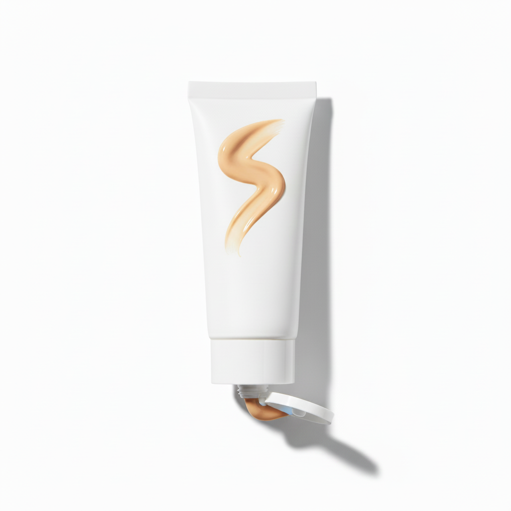 Sand Beige BB cream white soft tube with S-shaped swatch on white background