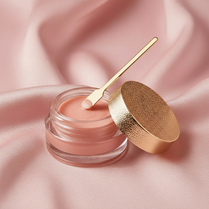 Close-up of peachy pink cream blush texture with gold spatula in clear glass pot