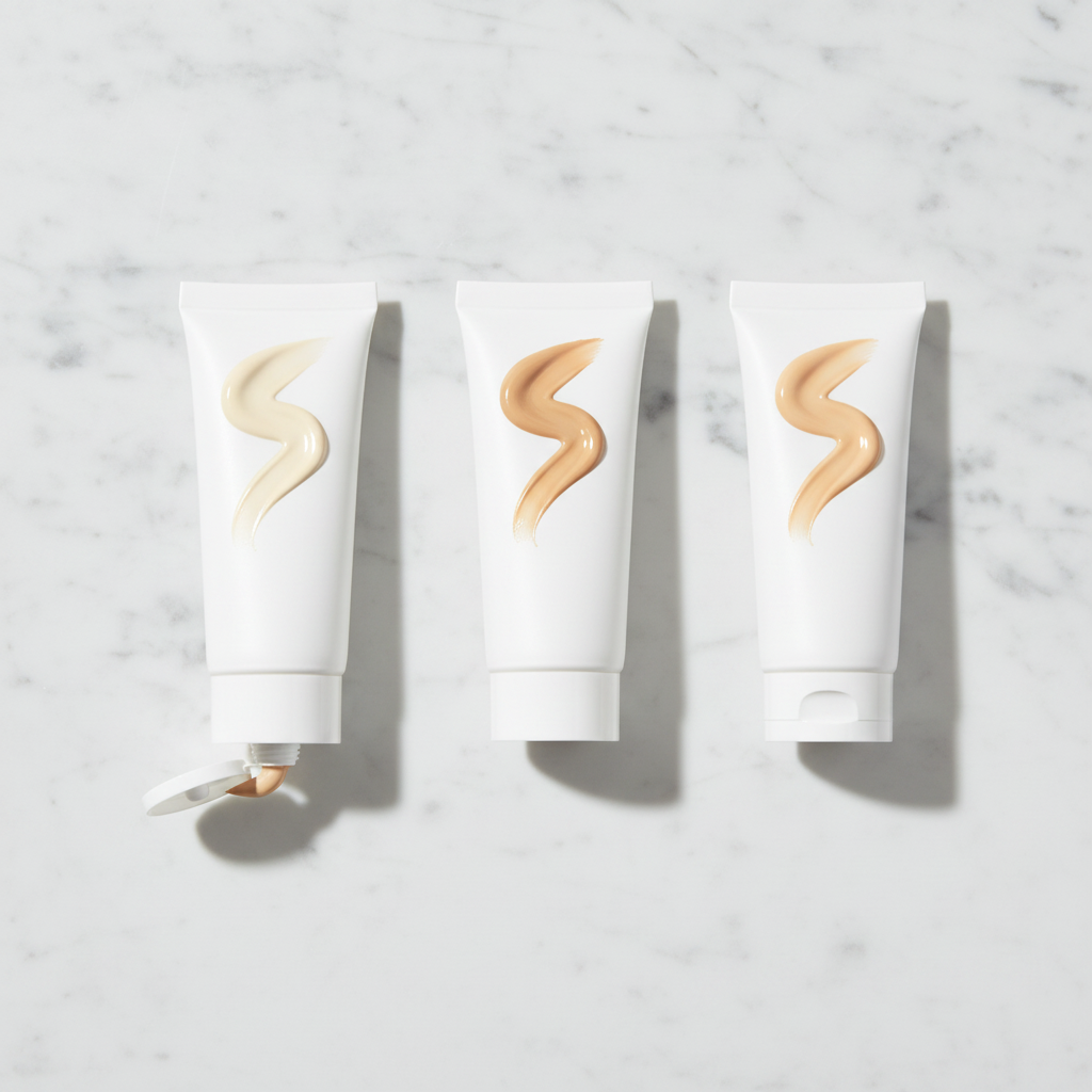 Three BB cream tubes in ivory, medium and sand beige on white marble