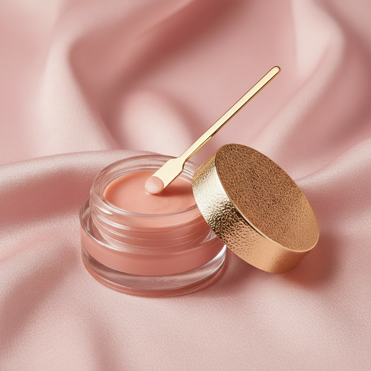 Peachy Pink cream blush in clear glass pot with gold lid and spatula on pink silk