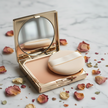 Gold Compact Pressed Powder — Ivory Beige shade, open compact with puff on marble
