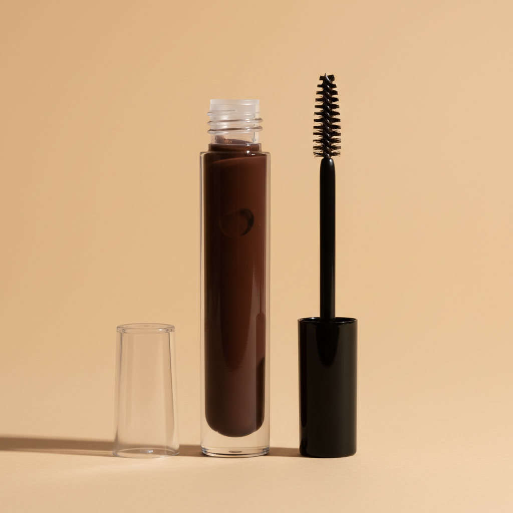 Dark Brown eyebrow gel in clear glass tube with spoolie wand on warm beige background