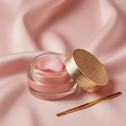 Rose Pink cream blush in clear glass pot with gold lid and spatula on dusty rose silk