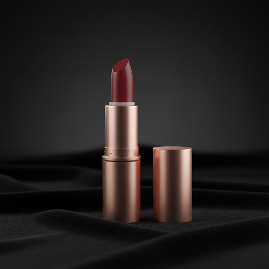 Velvet Satin Bullet Lipstick — Burgundy Red shade, rose gold tube on black silk