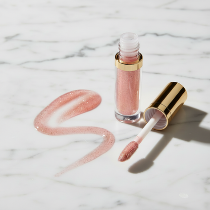 Coral Peach glitter lip gloss in clear glass tube with gold cap and S-shaped swatch on white marble
