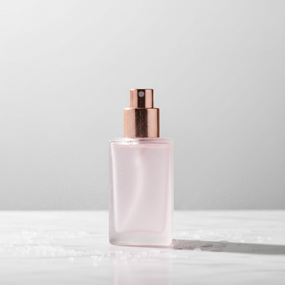 Rose Pink setting spray in frosted glass bottle with rose gold nozzle on white marble