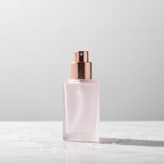 Rose Pink setting spray in frosted glass bottle with rose gold nozzle on white marble