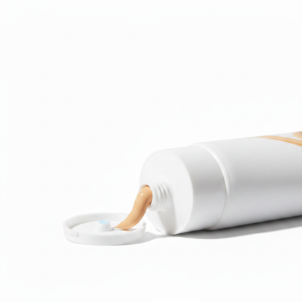 Close-up of BB cream tube bottom flip-top screw cap detail on white background