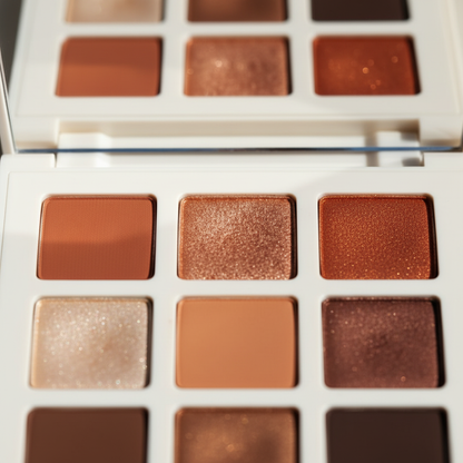 9-Pan Eyeshadow Palette — macro close-up of terracotta and copper shimmer pans