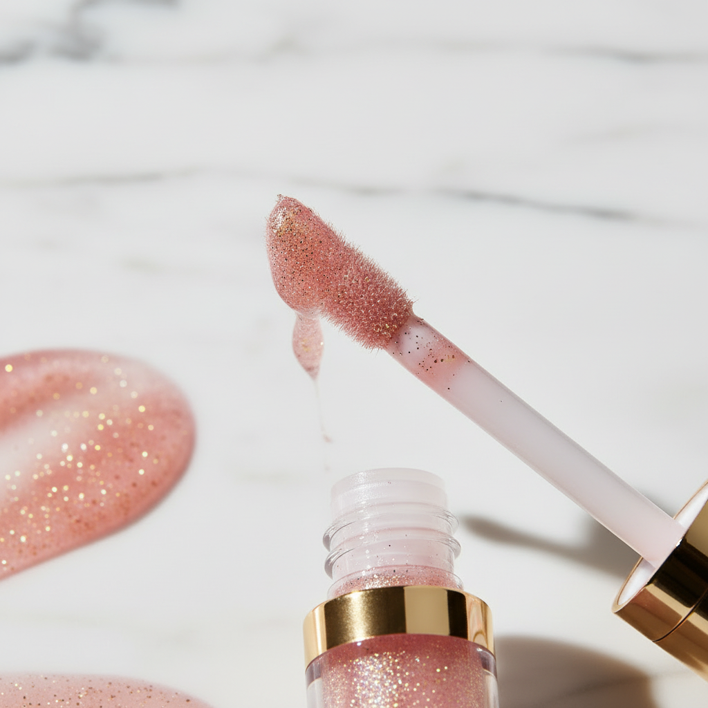 Close-up of white doe-foot wand loaded with sheer pink glitter lip gloss showing sparkle texture