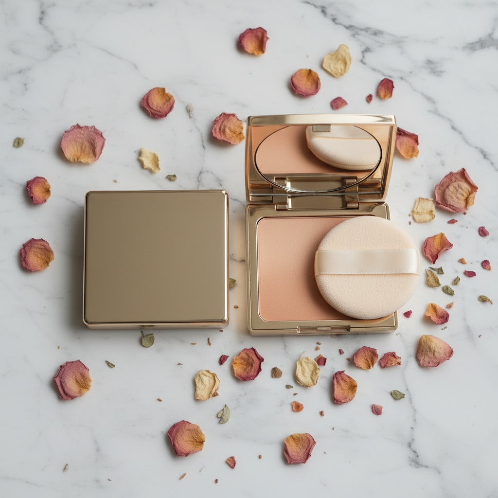 Gold Compact Pressed Powder — flat lay showing open and closed compact with puff