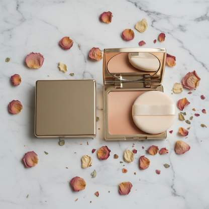 Gold Compact Pressed Powder — flat lay showing open and closed compact with puff