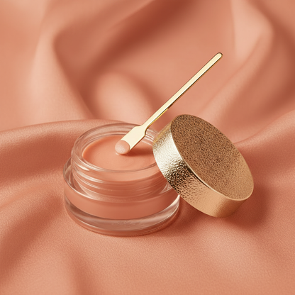 Terracotta Coral cream blush in clear glass pot with gold lid and spatula on terracotta silk