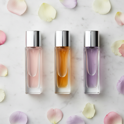 Crystal Slim Eau de Toilette — all three variants flat lay on marble with flower petals