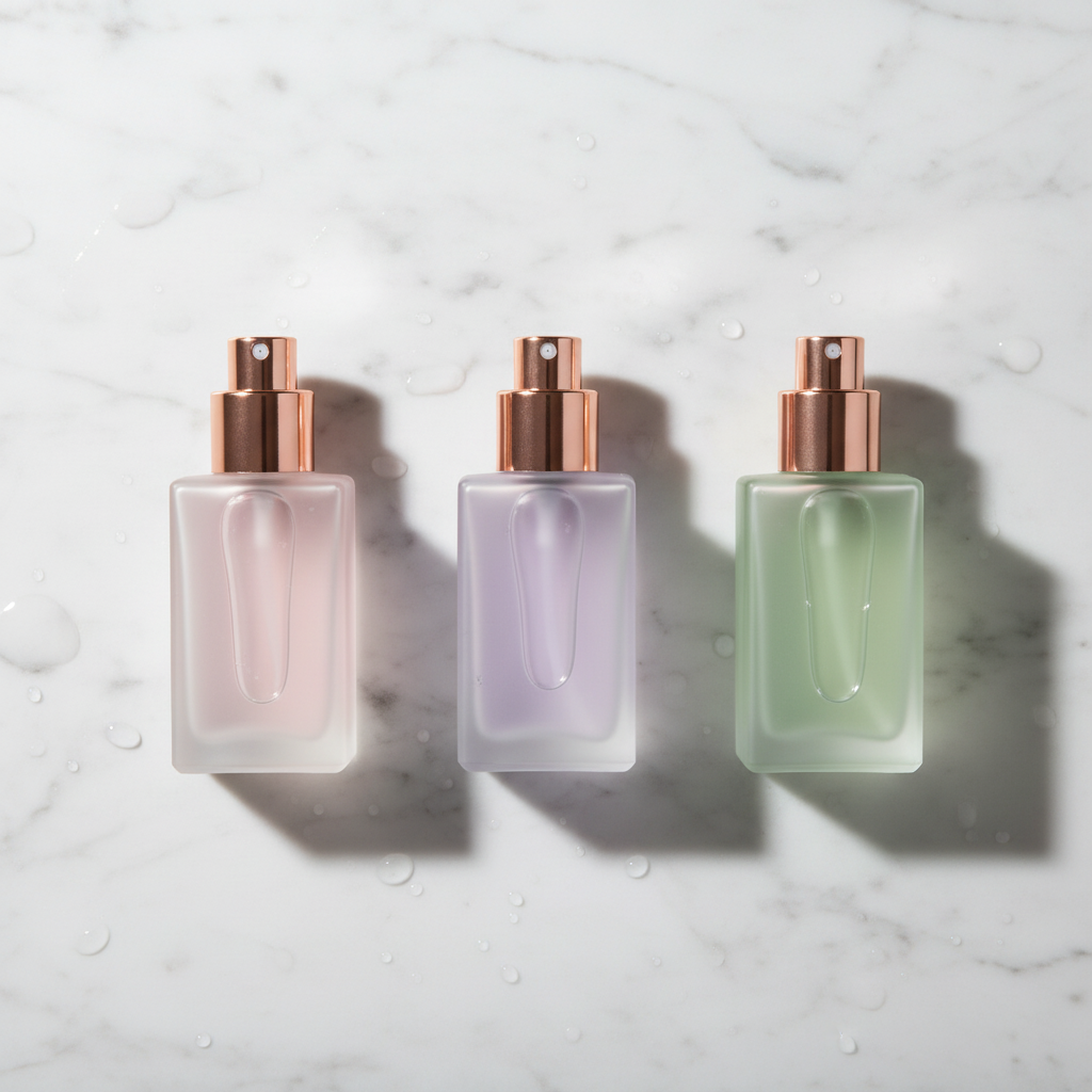 Three setting spray variants in rose pink, lavender and sage green arranged on white marble