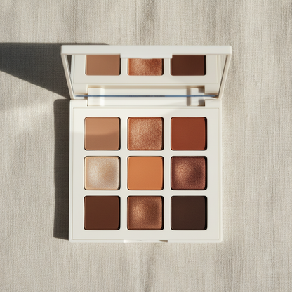 9-Pan Eyeshadow Palette — Taupe Brown colour story, open palette flat lay