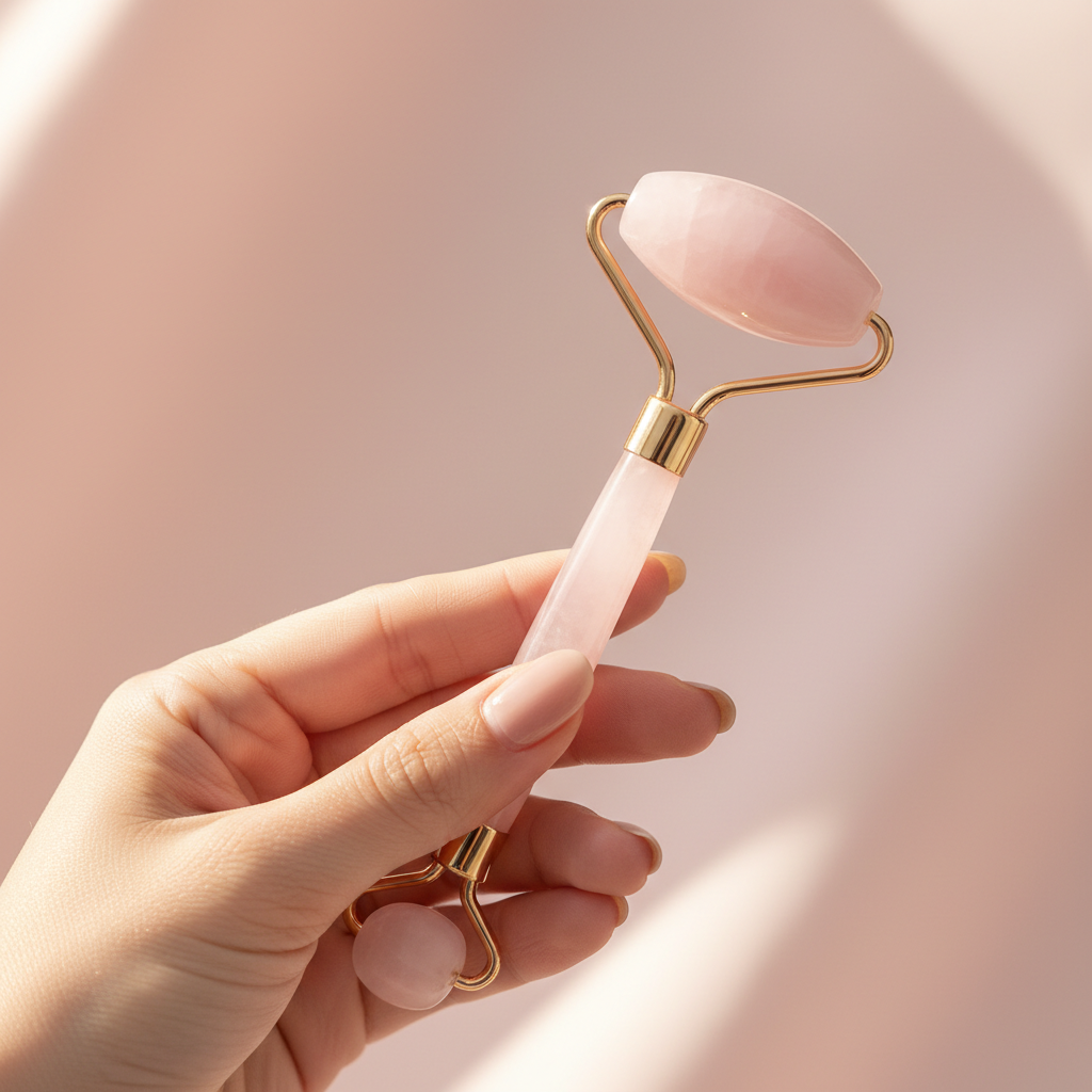 Rose Quartz facial roller – lifestyle grip view