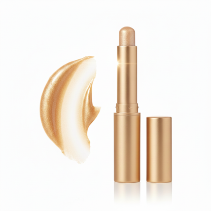 Close-up of champagne gold highlighter bullet tip extended from matte gold tube