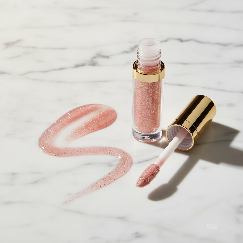 Berry Mauve glitter lip gloss in clear glass tube with gold cap and S-shaped swatch on white marble
