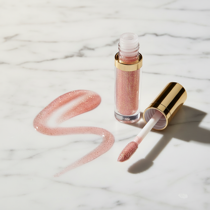 Berry Mauve glitter lip gloss in clear glass tube with gold cap and S-shaped swatch on white marble